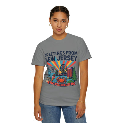 Camiseta «Saludos desde Nueva Jersey» | Diseño de postal del Estado Jardín de Nueva Jersey