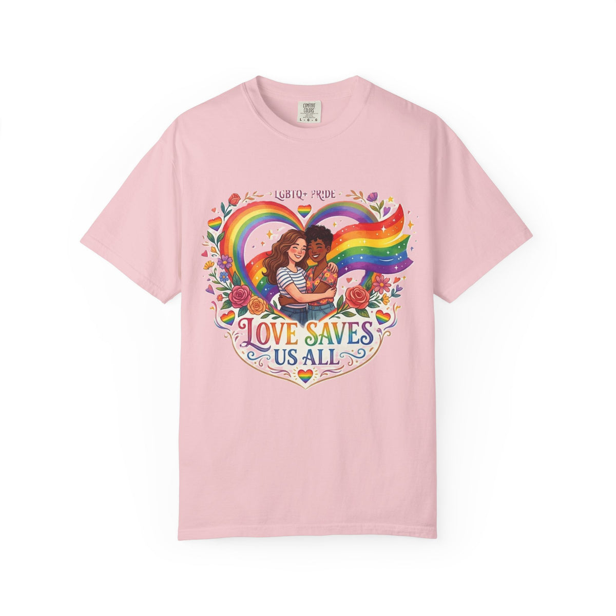 Love Saves Us All Rainbow heart LGBTQ Pride illustration T-Shirt | Pride queer couple design tee