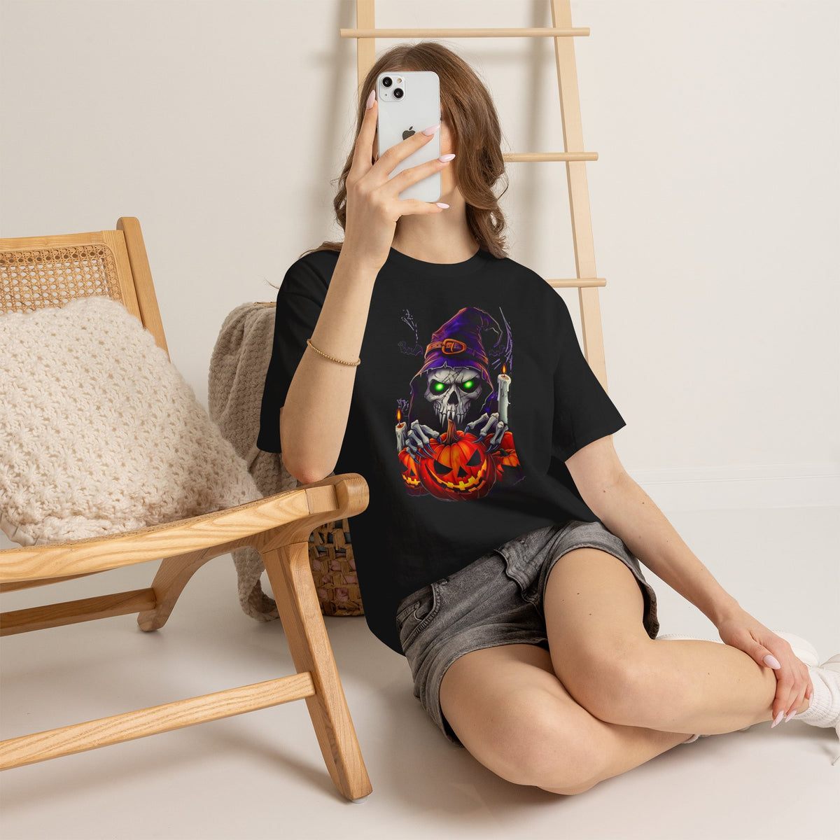Grinning Skull Witch with Jack-O'-Lantern Tee | Halloween Skull Shirt