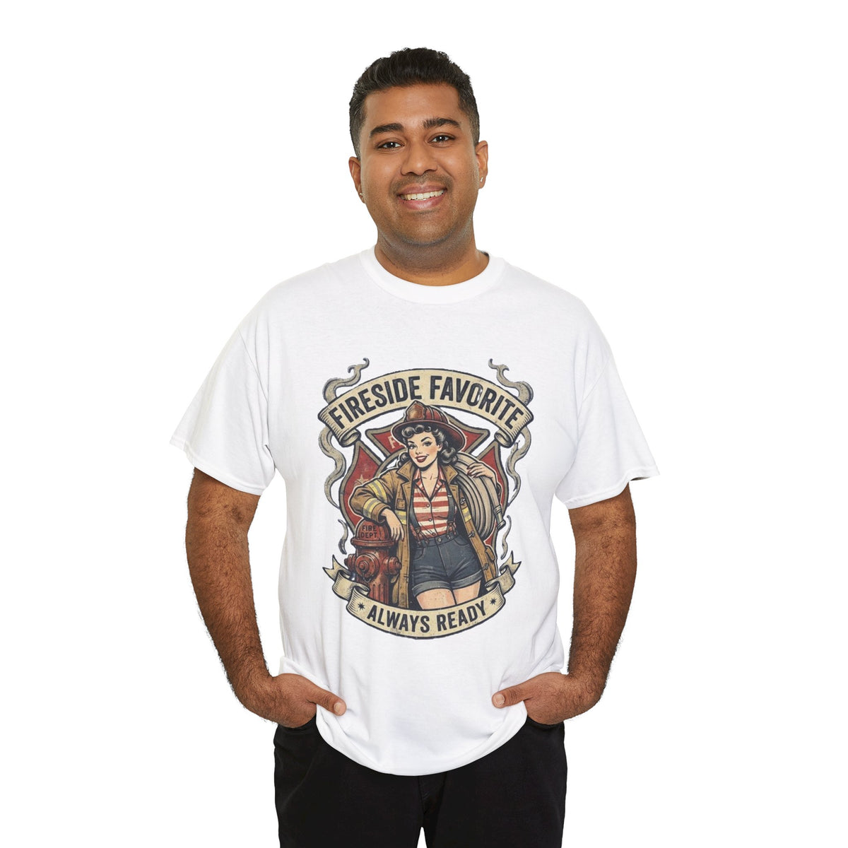 Fireside Favorite Pinup Firefighter Tee | Always Ready vintage badge