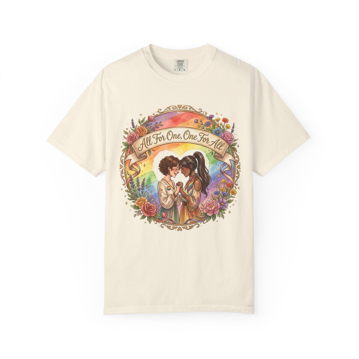 T-shirt Fierté LGBTQ « Tous pour un, un pour tous » | Illustration d'amour, motif de cœur floral