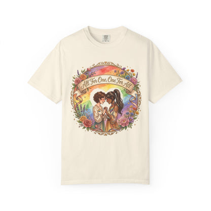 T-shirt Fierté LGBTQ « Tous pour un, un pour tous » | Illustration d'amour, motif de cœur floral