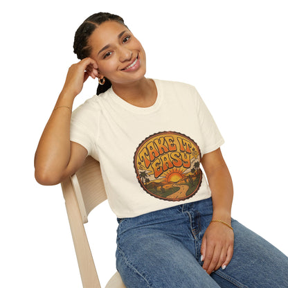 T-shirt Take It Easy sunset road | graphique rétro coucher de soleil et palmiers