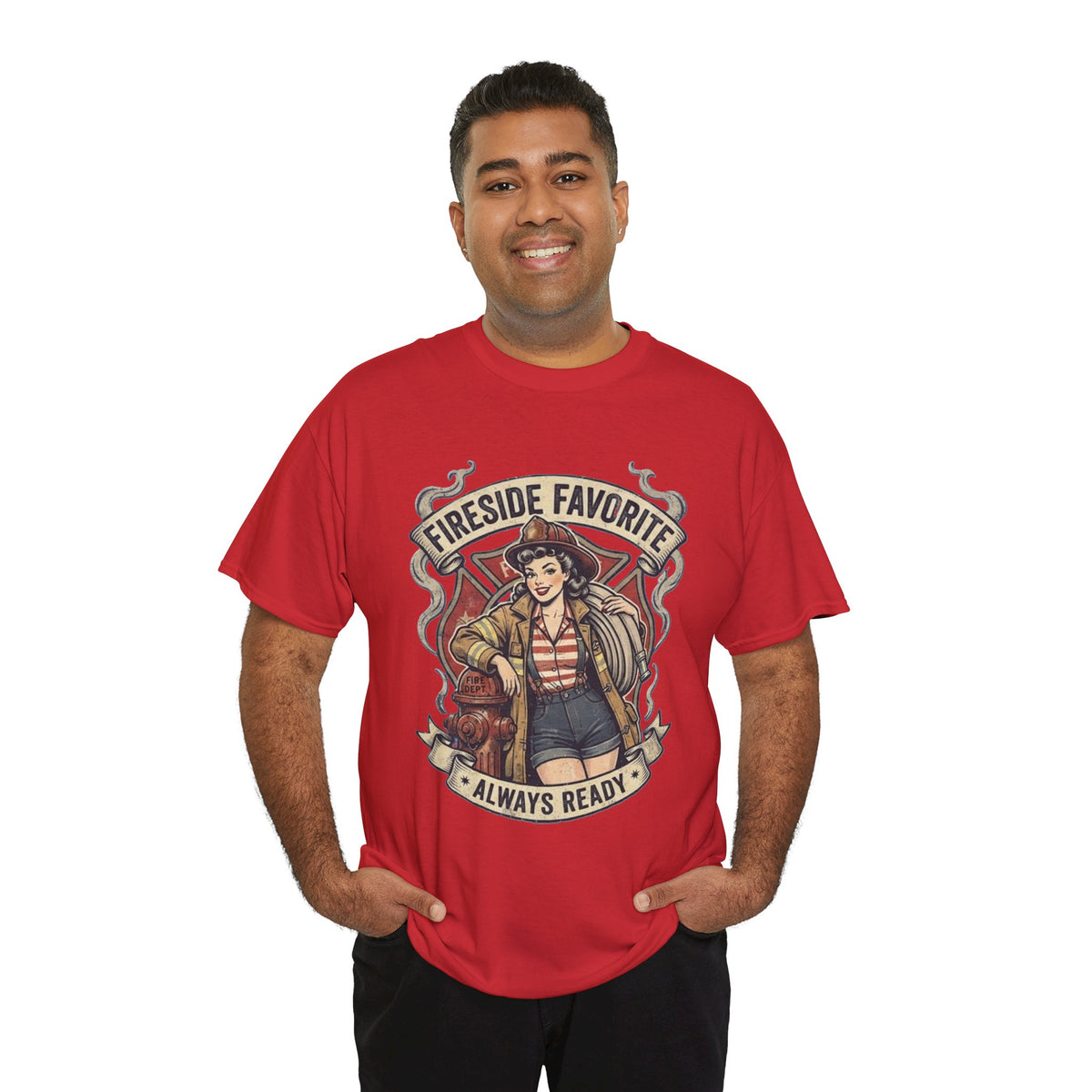 Fireside Favorite Pinup Firefighter Tee | Always Ready vintage badge