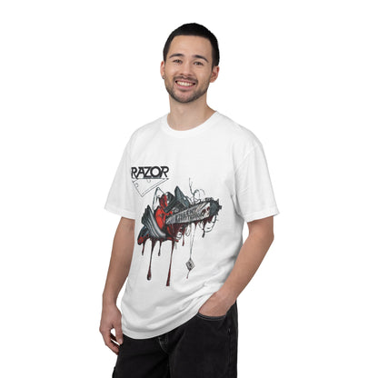 Camiseta de la banda de thrash metal Razor, diseño del álbum Violent Restitution con una motosierra goteando sangre