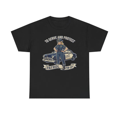 Patrol Pin-Up Policewoman T-Shirt | To Serve and Protect Vintage Car Design