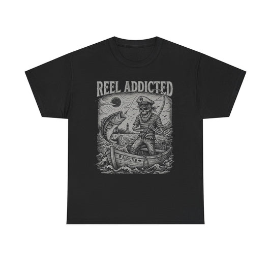 Reel Addicted Fishing Boat and Fisherman T-Shirt