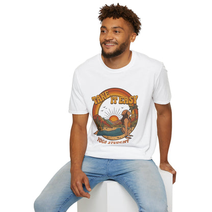 Take It Easy Yoga Student T-Shirt | Retro Sunset Surfing Pose