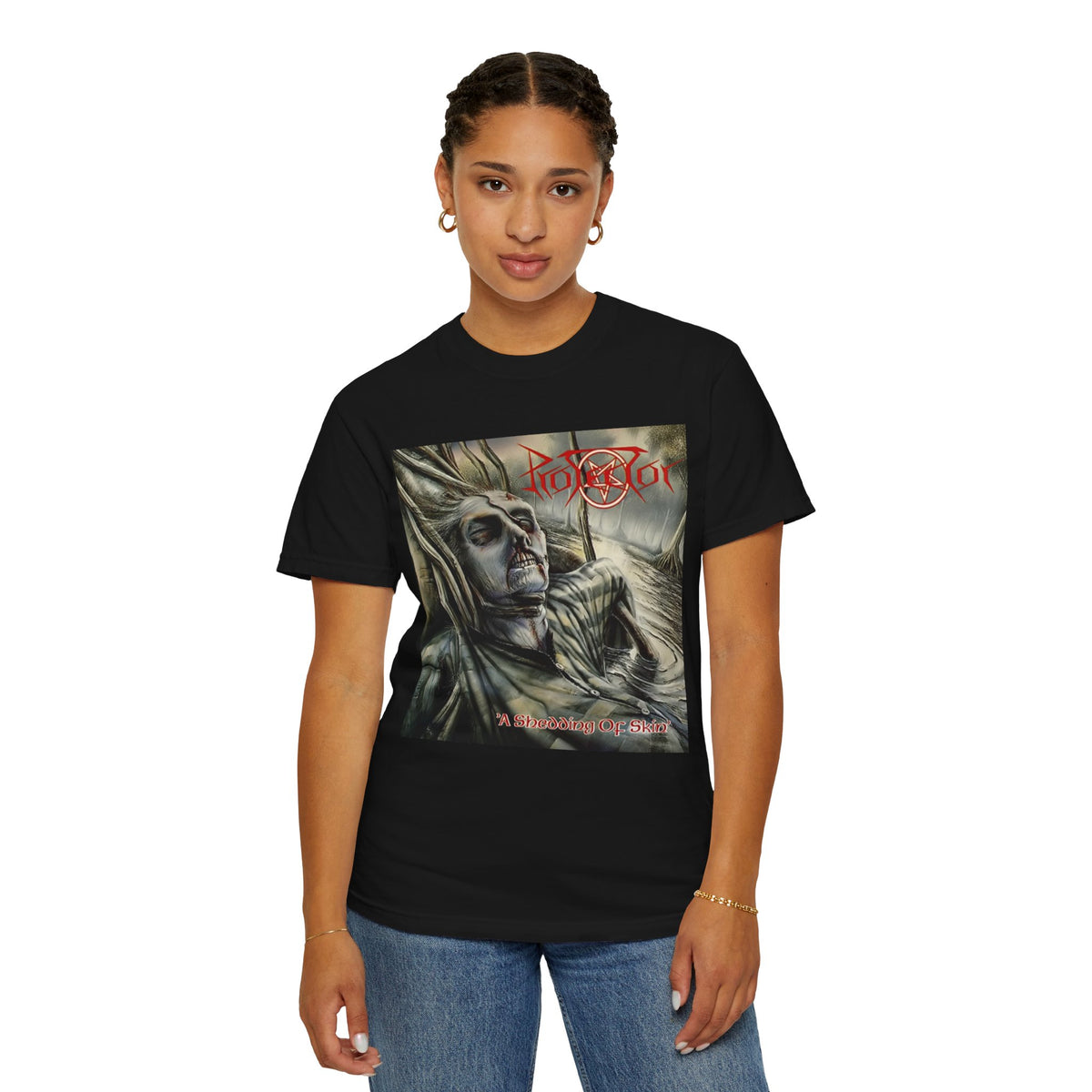 Camiseta con el arte del álbum Shedding of Skin de Protector | Camiseta con el diseño de portada de la banda alemana de death thrash metal