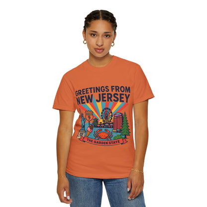 Camiseta «Saludos desde Nueva Jersey» | Diseño de postal del Estado Jardín de Nueva Jersey