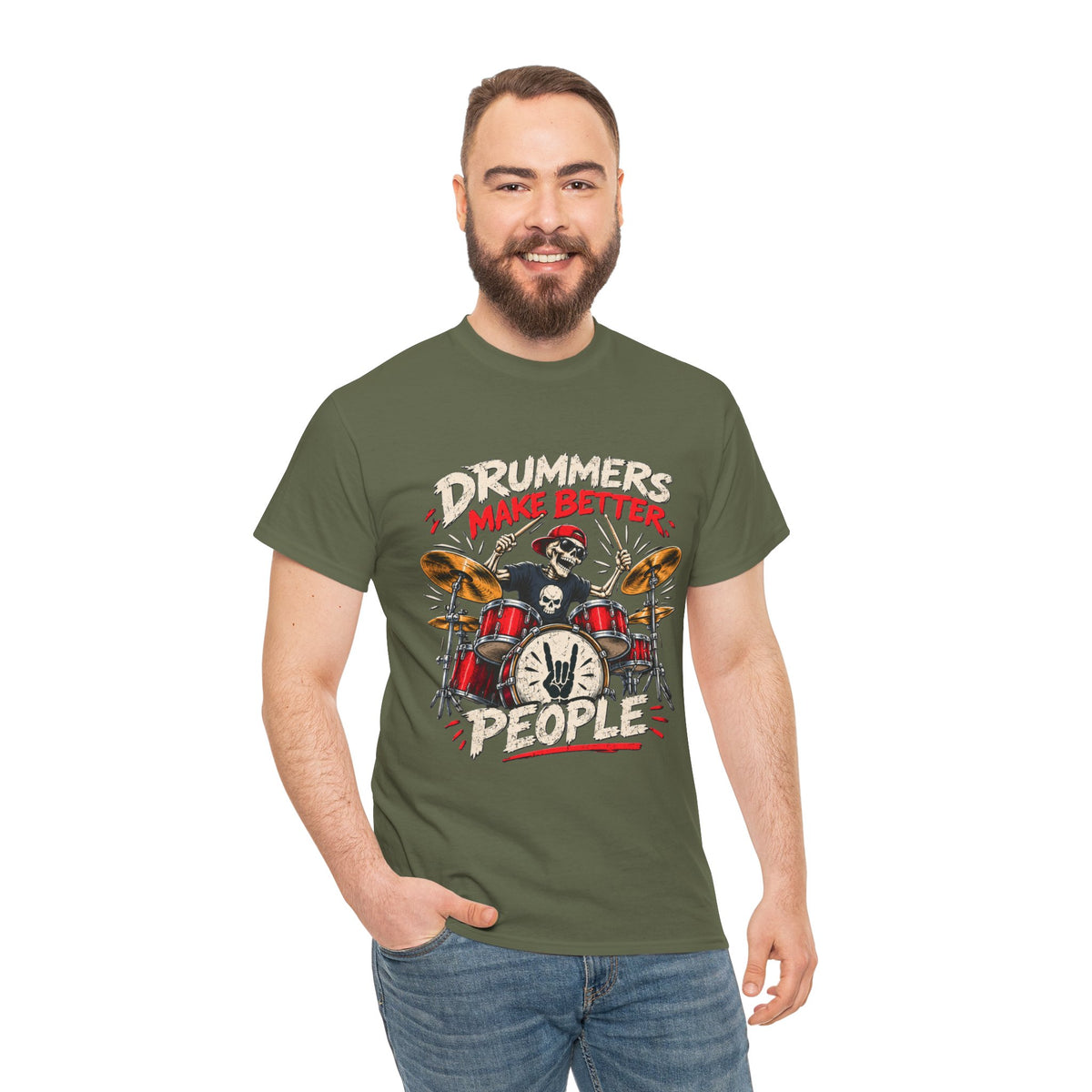 Drummers Make Better People T-Shirt | Skull Drummer Drum Set Tee