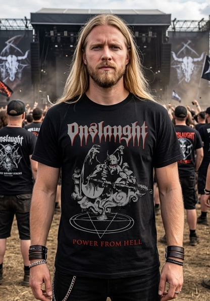 Onslaught Power From Hell Album Artwork T-shirt | Thrash metal band logo tee