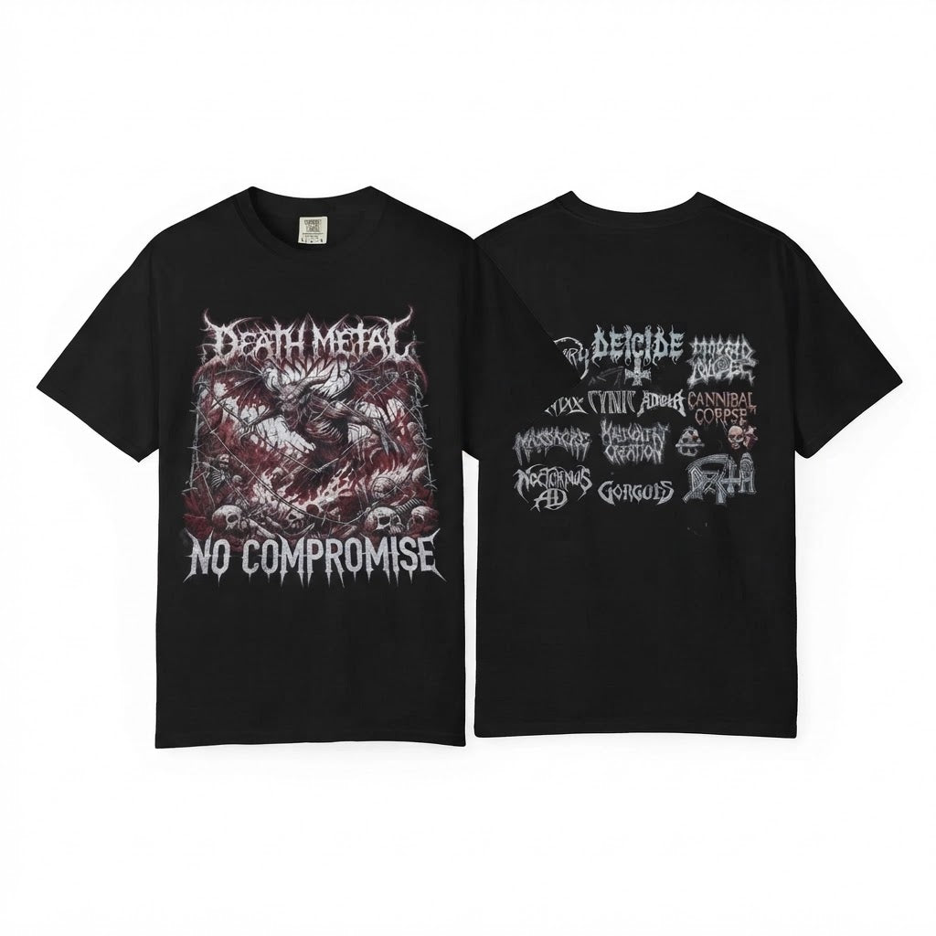 Camiseta de doble cara Death Metal No Compromise | Camiseta con collage de logotipos de bandas de Death Metal de Florida