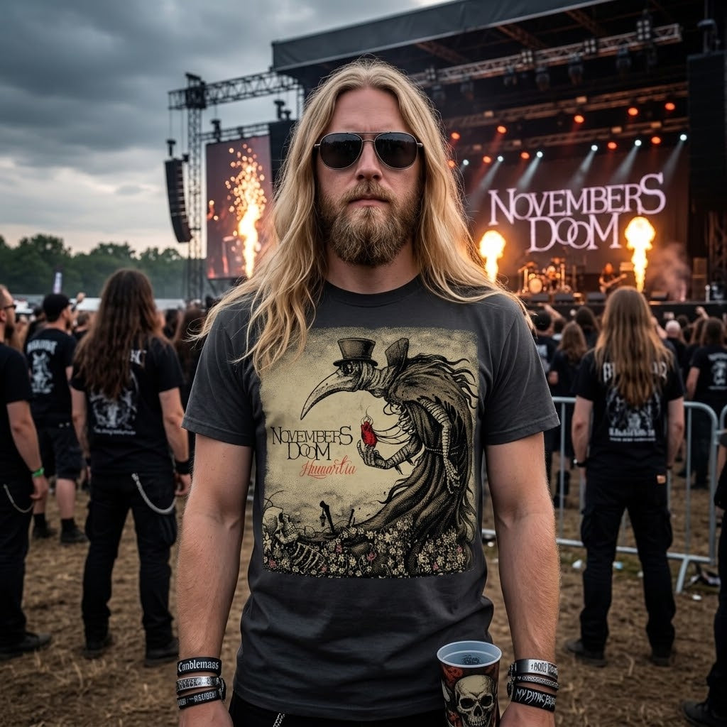 T-shirt du groupe de gothic doom metal Novembers Doom avec l'illustration médiévale de l'album Hamartia