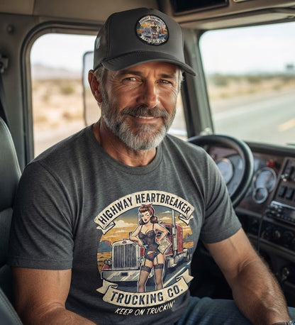 Highway Heartbreaker Trucking Co pinup girl T-Shirt | Trucker Rig Vintage Badge
