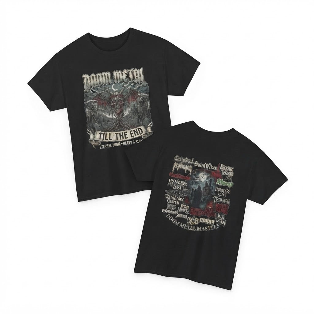 Doom Metal Till The End Double Sided T-Shirt | Doom Metal Band Logos Tee