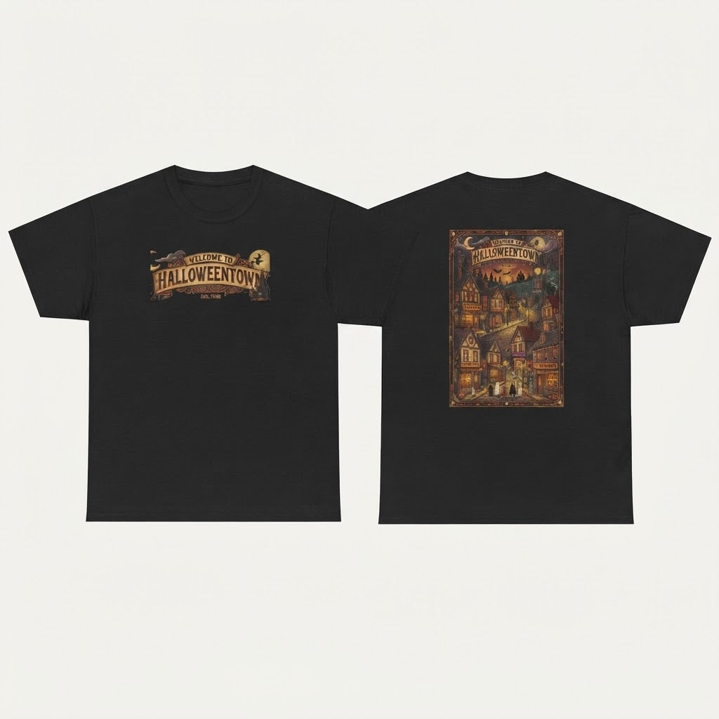 Halloweentown Illustration Double Sided T-Shirt | Spooky Village Nightscape