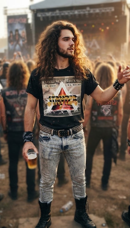 Stryper In God We Trust Album Artwork Graphic T-shirt | Retro Hard Rock Band Collage Tee