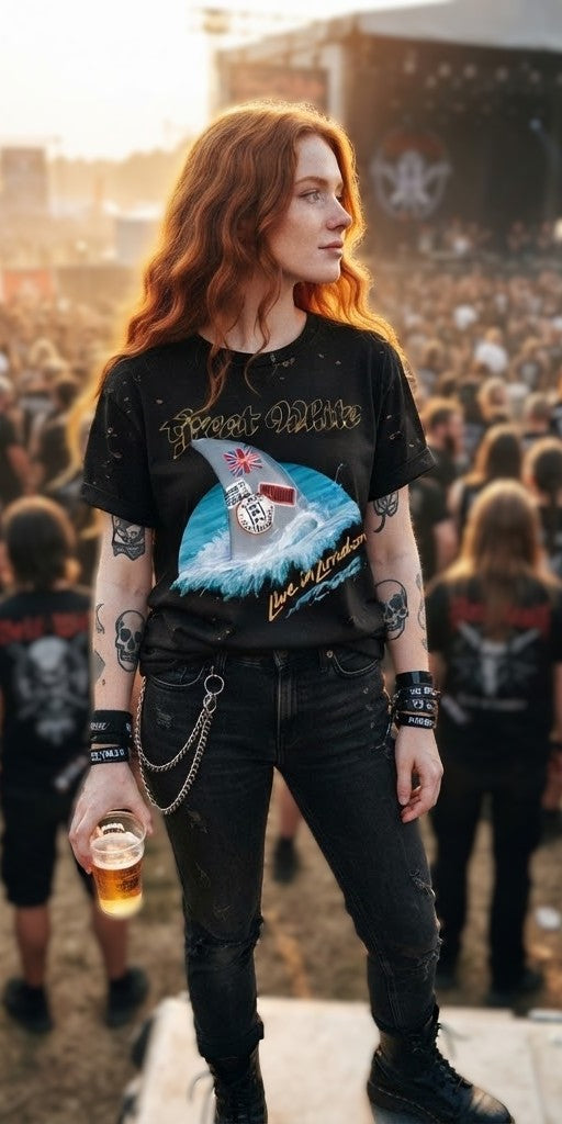 Camiseta Great White Live in London Shark Surf Wave | Camiseta vintage de la gira Live in London 1989
