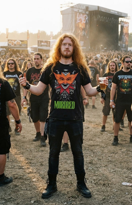 Mordred Fox Mask Funk Thrash Metal T-shirt | Mythic Trickster Illustration Thrash Metal Band