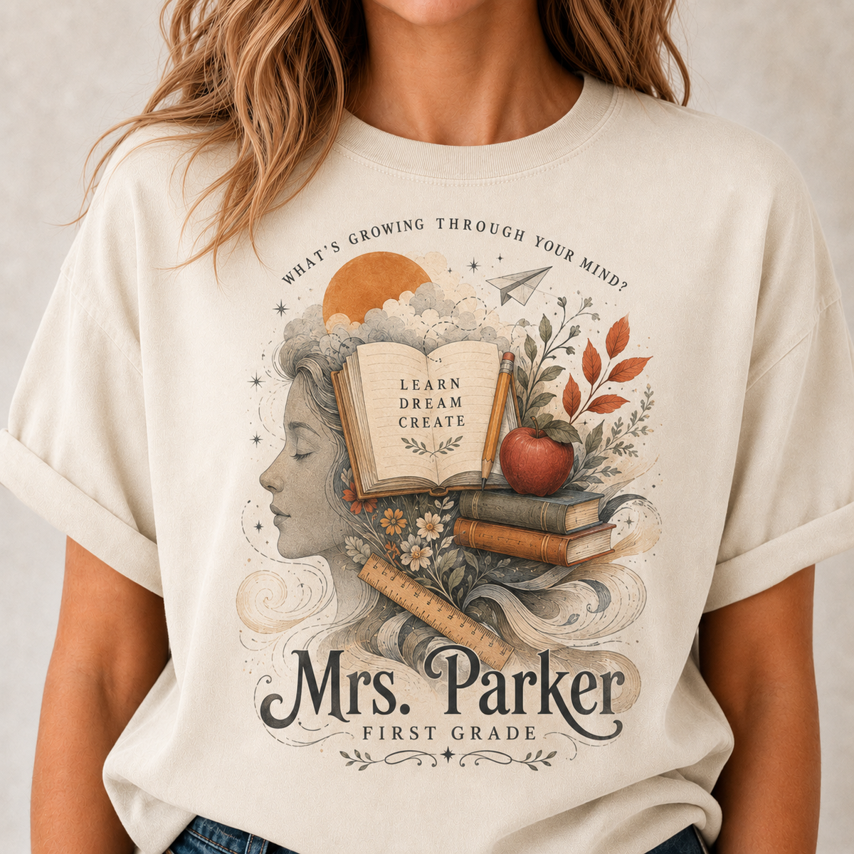 T-shirt d'enseignante personnalisé, T-shirt de CP Mme Parker, T-shirt botanique pour la rentrée scolaire, Cadeau d'enseignante Comfort Colors, Apprendre Rêver Créer