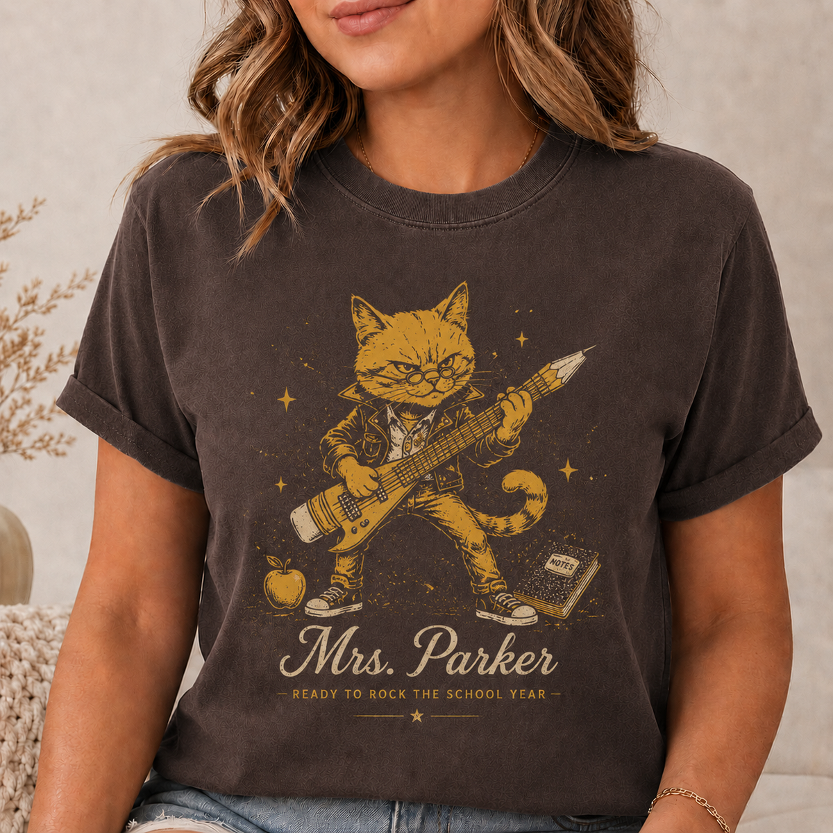 Personalized Cat Teacher Shirt, Mrs Parker Teacher Tee, Back to School Shirt, Comfort Colors Teacher Gift, Ready to Rock