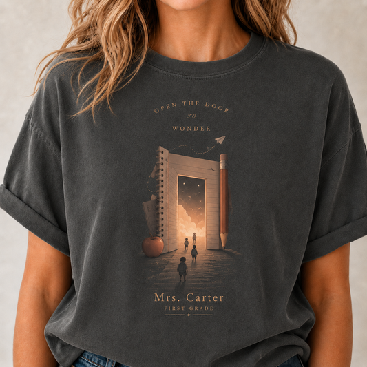 Personalized Teacher Shirt, Mrs Carter First Grade Tee, Back to School Teacher Shirt, Comfort Colors Shirt, Open the Door to Wonder