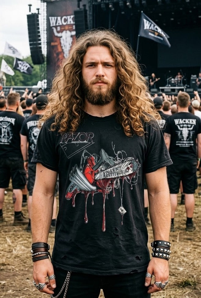 Camiseta de la banda de thrash metal Razor, diseño del álbum Violent Restitution con una motosierra goteando sangre