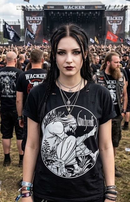 Witchcraft Moon Witch Occult Rock & Doom Metal T-shirt | Vintage Witch Illustration, Halloween Gothic Doom Metal Band Tee