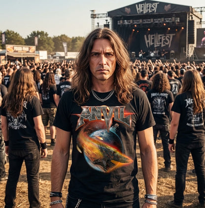 T-shirt avec logo du groupe Anvil | t-shirt heavy metal avec motif de planète en feu