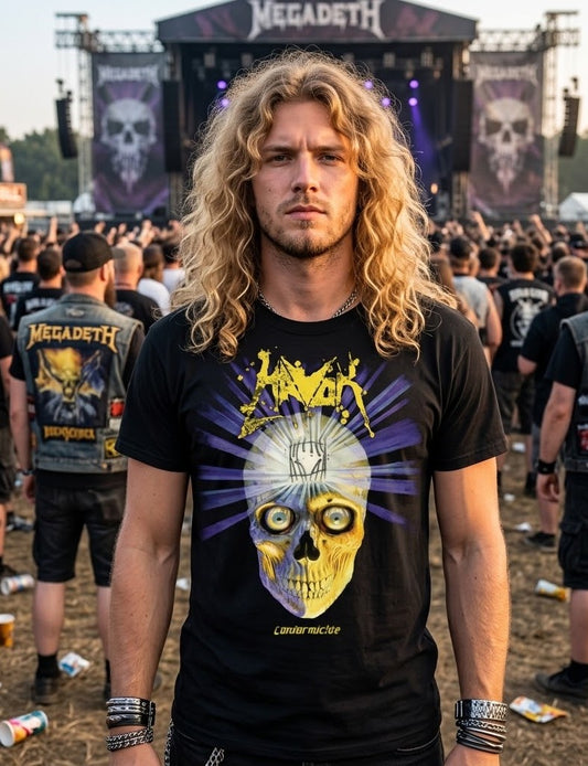 Havok Conformicide Skull Sunburst Graphic T-Shirt | Yellow Blue Thrash Metal Band Artwork