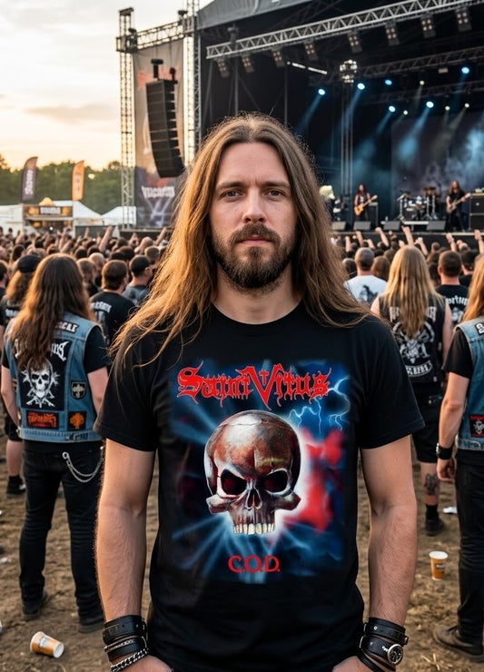 Saint Vitus Skull Graphic T-Shirt - Red Blue Gothic Artwork / Doom Metal Band Tee