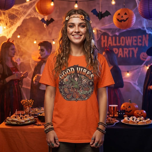 Camiseta de Halloween Good Vibes | Ilustración floral psicodélica