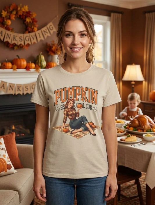 T-shirt pin-up saisonnier citrouille | Motif rétro champ de citrouilles d'automne