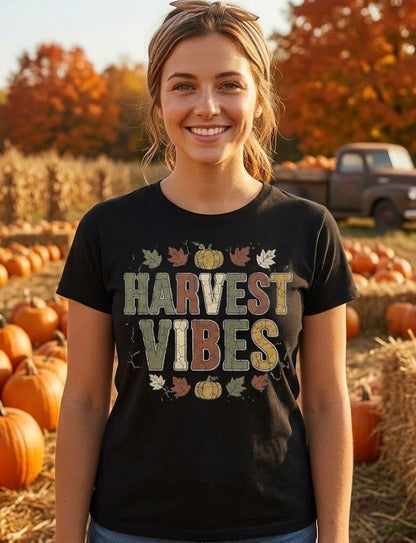 Harvest Vibes T-Shirt | Fall Pumpkin Leaves Autumn Typography Tee
