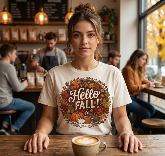 T-shirt « Hello Fall » | Motif automnal avec citrouilles et feuilles, ambiance chaleureuse
