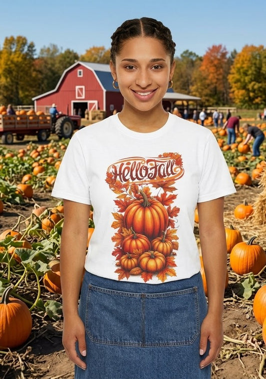 T-shirt Hello Fall avec pile de citrouilles | T-shirt feuilles d'automne