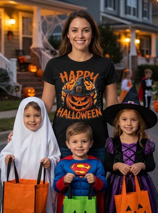 Camiseta de Halloween con diseño de sombrero de bruja y Jack-o'-Lantern | Camiseta con máscara de calabaza aterradora