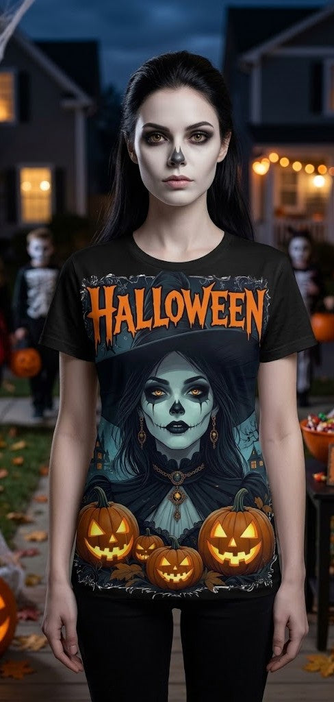 T-shirt Sorcière avec citrouilles d'Halloween | Tee-shirt art tête de mort Halloween