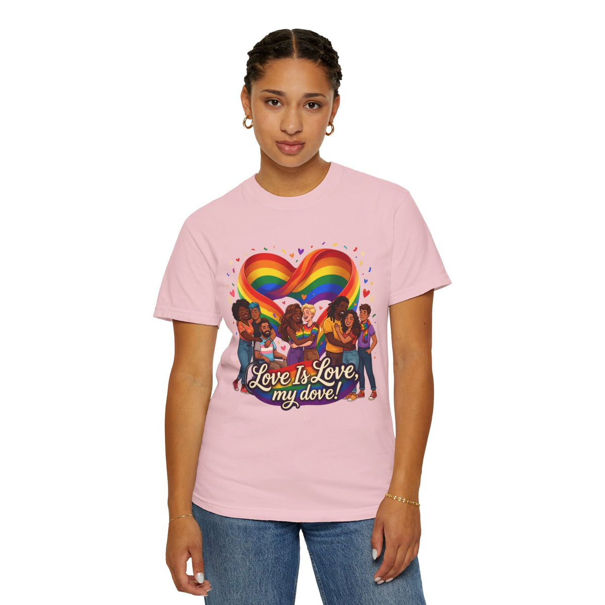 T-shirt LGBTQ cœur arc-en-ciel Love Is Love | T-shirt avec illustration de fierté LGBTQ pour couples diversifiés