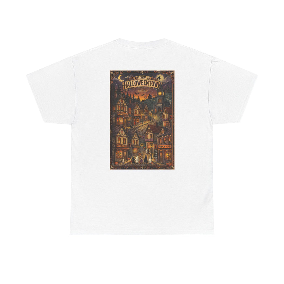 Halloweentown Illustration Double Sided T-Shirt | Spooky Village Nightscape