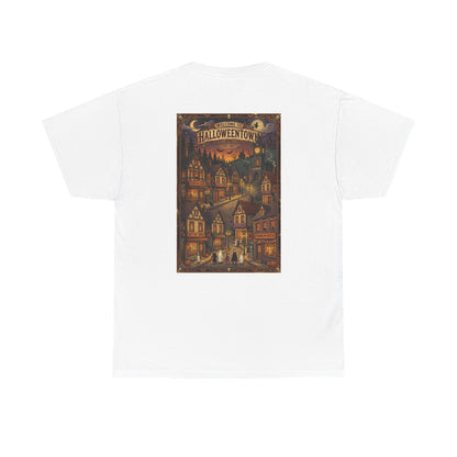 Halloweentown Illustration Double Sided T-Shirt | Spooky Village Nightscape