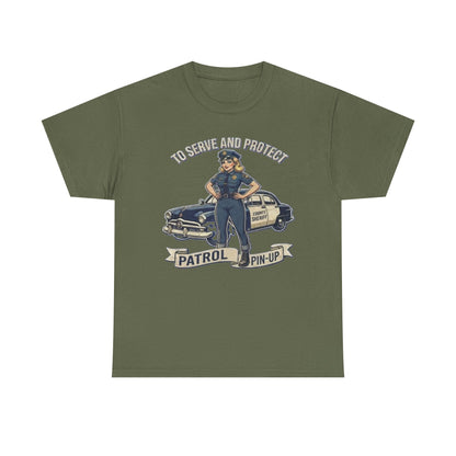 Patrol Pin-Up Policewoman T-Shirt | To Serve and Protect Vintage Car Design