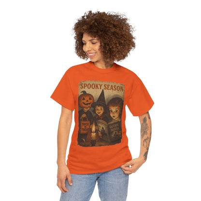Camiseta gótica de novela de Halloween con bruja y calabaza de temporada espeluznante