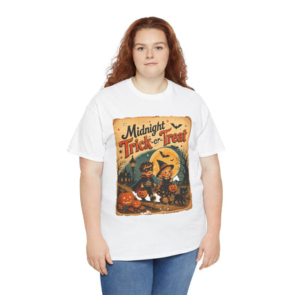 Camiseta de Halloween para niños "Midnight Trick-or-Treat" | Diseño vintage de gato y calabaza