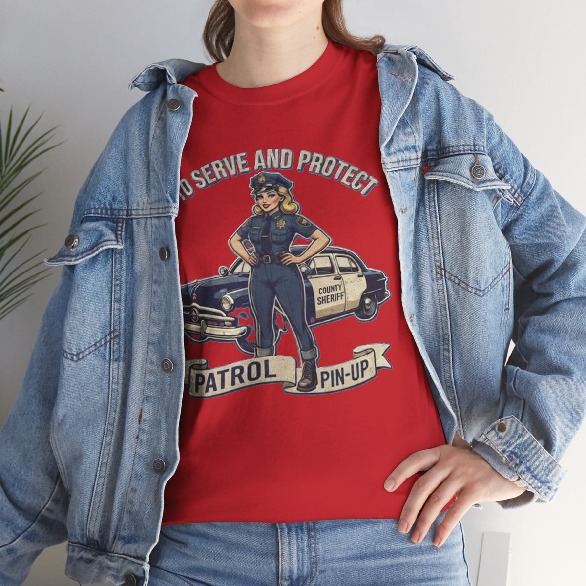 Patrol Pin-Up Policewoman T-Shirt | To Serve and Protect Vintage Car Design