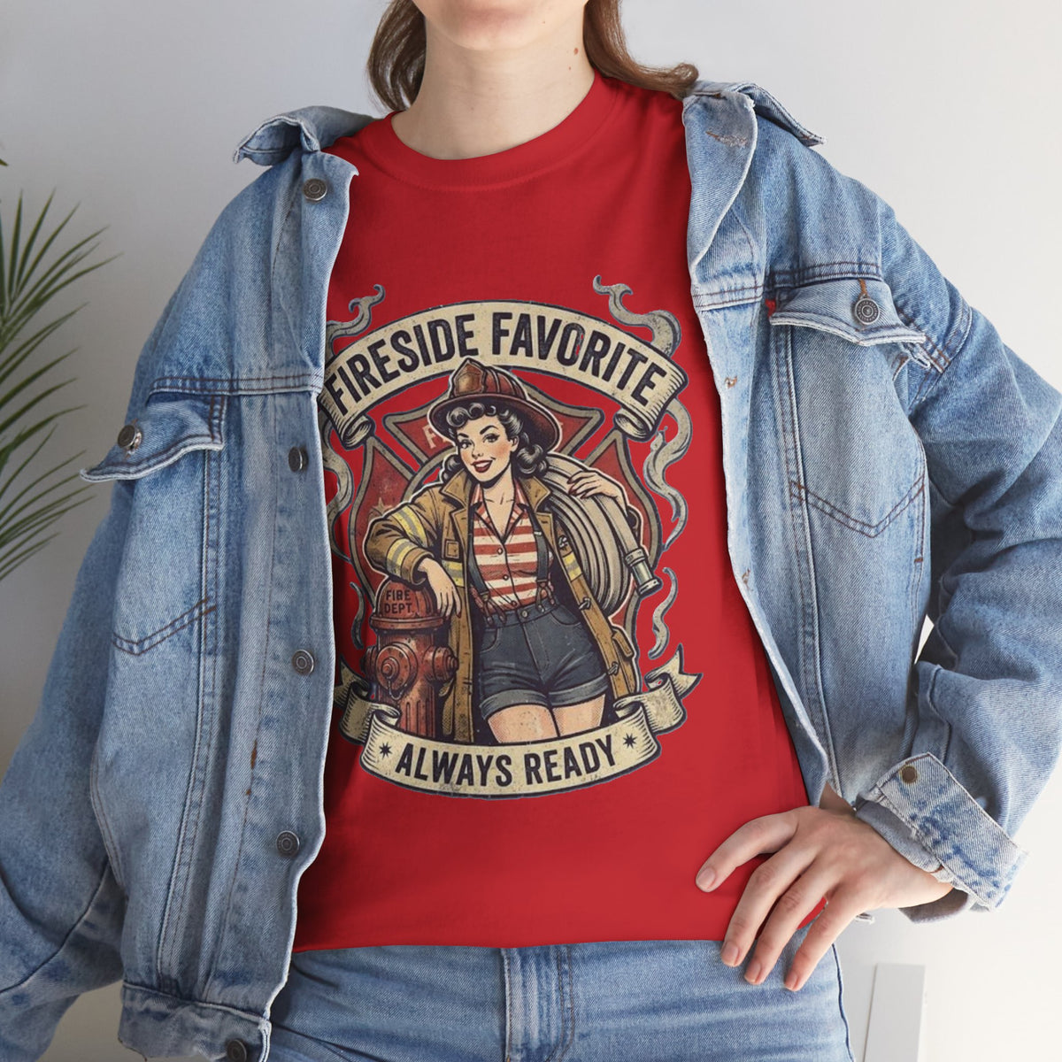 Fireside Favorite Pinup Firefighter Tee | Always Ready vintage badge