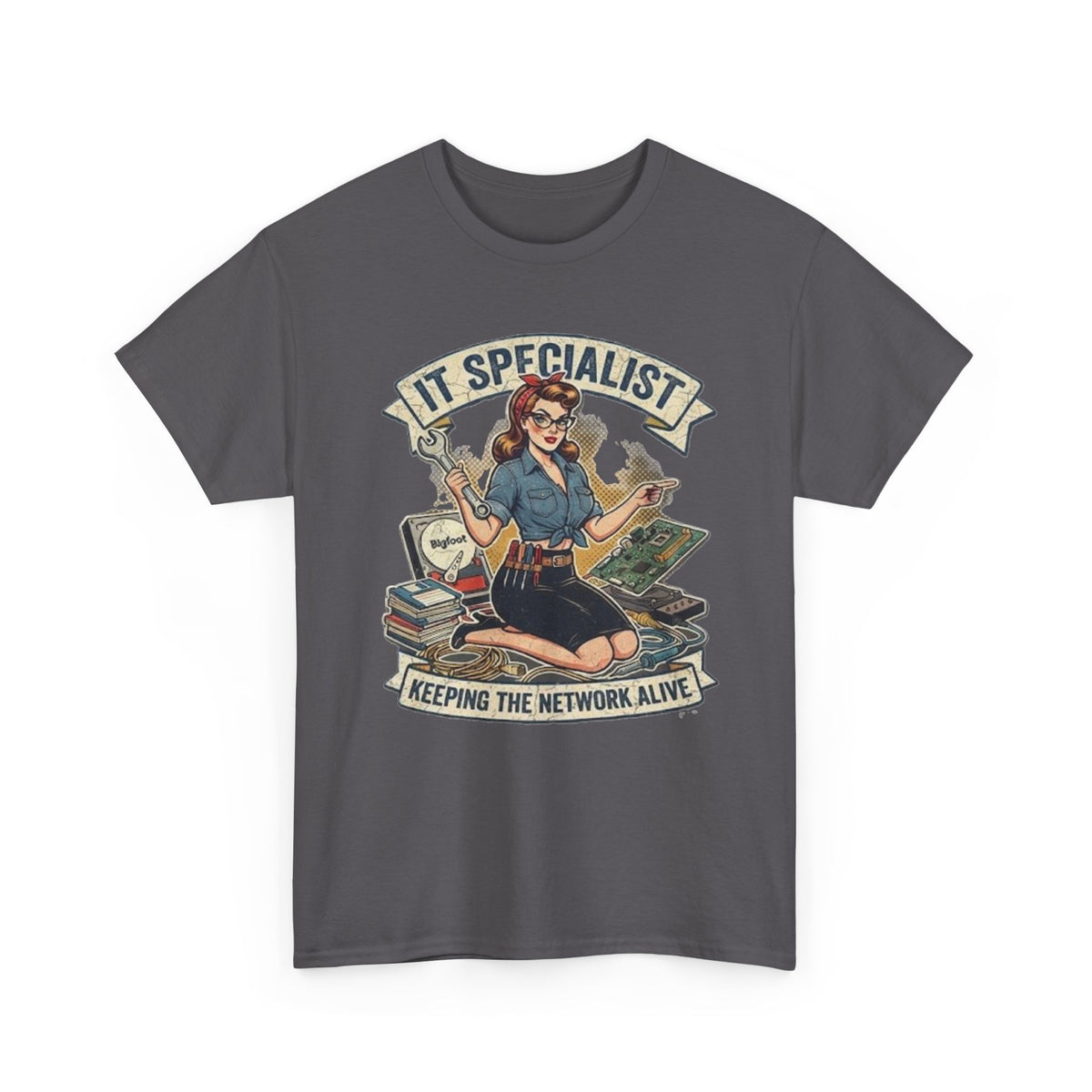 IT Specialist pinup graphic tee | T-Shirt, Keeping the Network Alive design