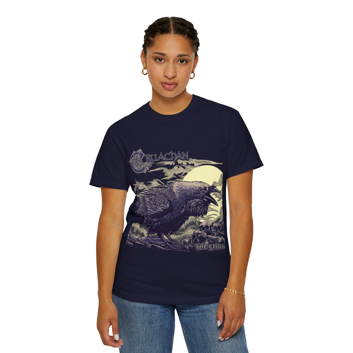 T-shirt avec illustration du corbeau de Cruachan | Folk Metal, illustration de corbeau celte, scène de ciel nocturne