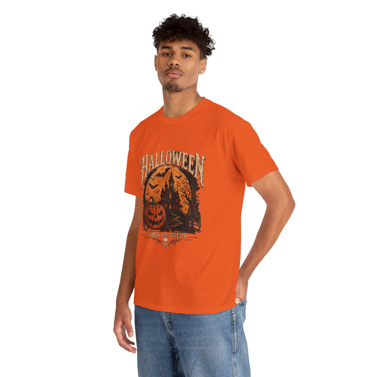 T-shirt vintage avec scène de citrouille d'Halloween | Graphisme rétro « Trick or Treat »